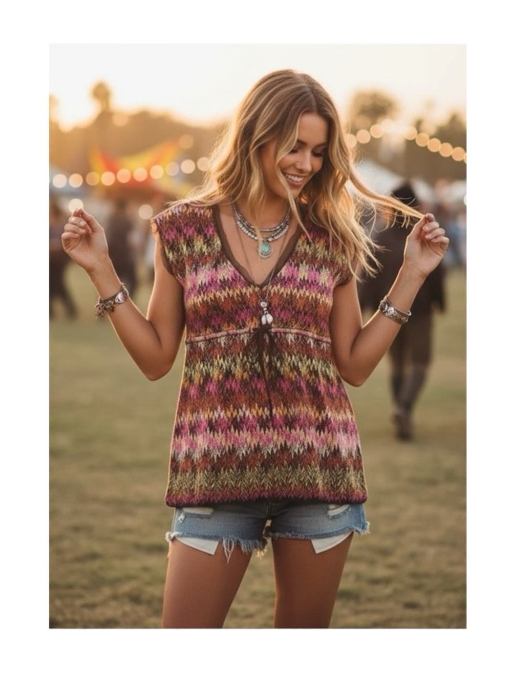 new Papillon Blanc 🝮 Woven Chiffon Overlay Top 🝮 Ikat Stripe 🝮 Pink Brown 🝮 L
